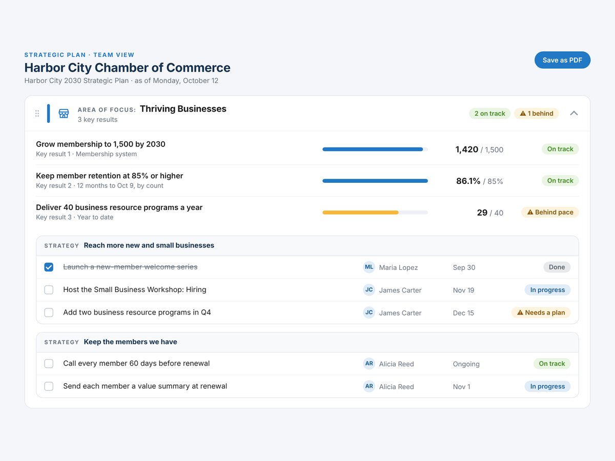 One area of focus opened up: key results with progress toward each target, and the strategies and actions behind them, each with an owner and due date.